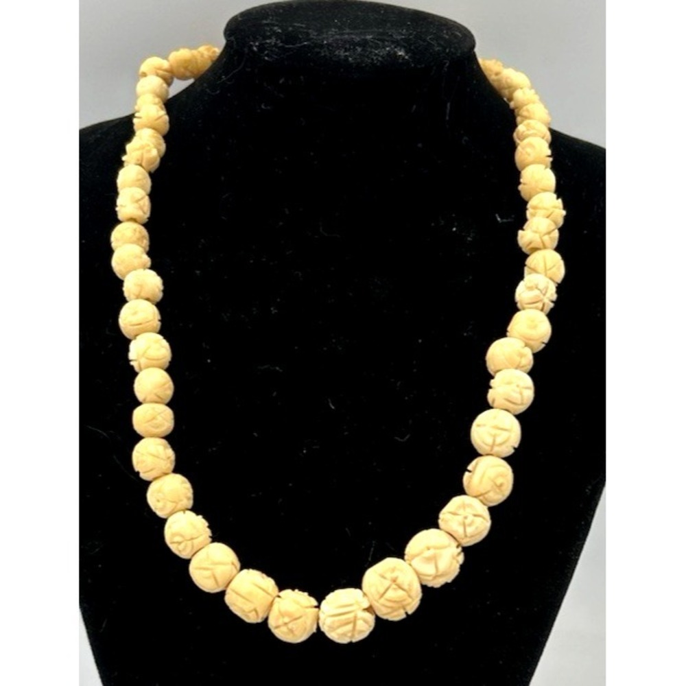 Hand Carved Celluloid Cabbage Rose Beaded Necklace 15"